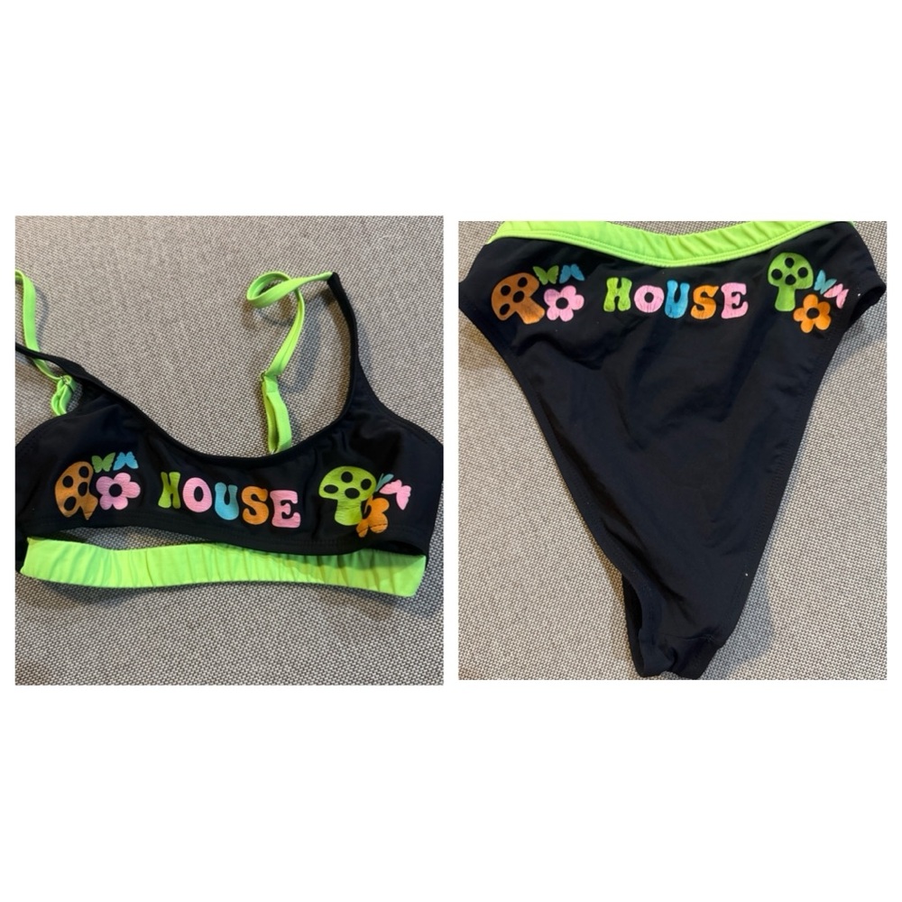 Black and Neon Green Graphic underboob top + thong rave outfit